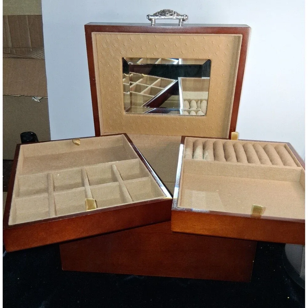 Vintage Judith Ripka Wooden Jewelry Box Faux Ostrich Leather Top 3  Levels